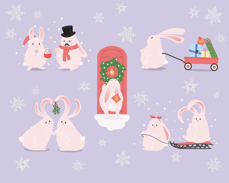 Set of cartoon characters. Bunnies christmas celebration. illustration.のイラスト素材