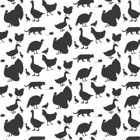 Seamless pattern with domestic animals and birds. Black silhouettes on white background. illustration.のイラスト素材