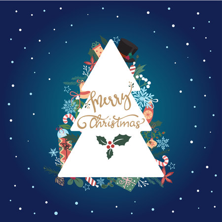 Cristmas card. White silhouette of new year tree, gift-boxes, candies, snowflakes behind it. Dark background with sparklind dots. illustration.のイラスト素材