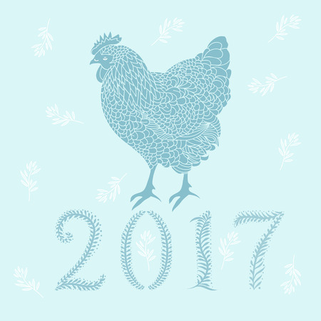 New year 2017 greeting card with blue rooster silhouette. illustration.のイラスト素材