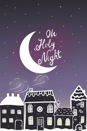 New year card with cartoon snowing city warm night view.のイラスト素材