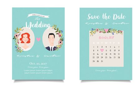 Closeup portrait of young couple with beautiful floral frameのイラスト素材