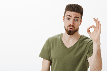 Portrait of impressed guy checking out awesome idea of friend saying wow and not bad showing okay gesture raising eyebrows as being amazed with nice plan posing astonished over white backgroundの写真素材