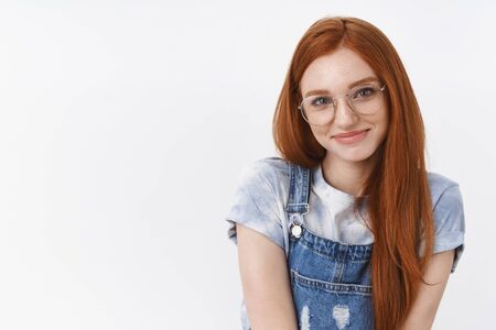Waist-up cute tender romantic redhead teenage girl blue eyes, modest smile posing flirty and lovely,...