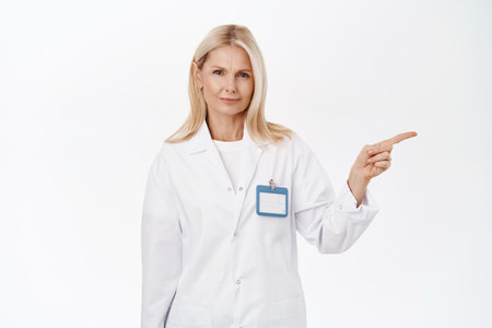 Doctor looks concerned while pointing right at smth worrying, frowning, standing in white coat over white backgroundの写真素材