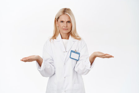 Doctor looking confused, shrugging shoulders with concerned face, standing over white studio backgroundの写真素材