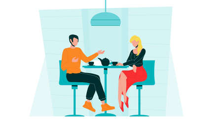 Romantic Couple Dating In Cafe Communicate Vector. Characters Dating In Restaurant Discussing, Talking And Drink Tea. Man And Woman Spending Time Together Flat Cartoon Illustrationのイラスト素材