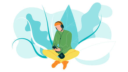 Man Using Mobile Cellular For Listen Music Vector. Character Boy Sitting On Grass And Listening...