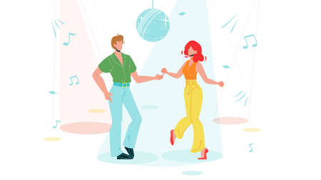 Boy And Girl Dancing Funk Dance Vector. Dancer Young Man And Woman Dancing Hip Hop, Disco Sphere And Sound Notes On Background. Music Club, Active Lifestyle Flat Cartoon Illustrationのイラスト素材