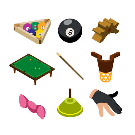 Snooker Game Pay Equipment Collection Isometric Set Vector. Snooker Table And Triangle Tool With Balls, Black Eight And Glove For Fingers, Billiard Cue And Rack. Gaming Accessories Illustrationsのイラスト素材