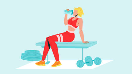 Woman Drink Protein Cocktail From Shaker Vector. Sportive Girl Sitting On Gym Bench And Drinking Protein Refreshment Beverage After Exercise. Character And Sport Equipment Flat Cartoon Illustrationのイラスト素材