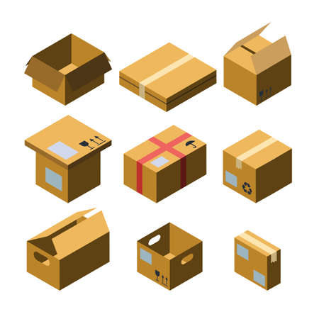 Cardboard Box Different Size Collection Isometric Set Vector. Blank Closed And Opened Empty Box. Delivery And Transportation Carton Package Fragile Signs. Container For Shipping Storage Illustrationsのイラスト素材