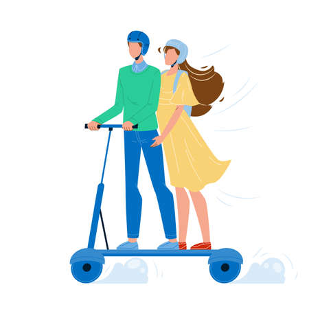 Man And Woman Riding Electrical Scooter Vector. Young Boy And Girl Couple Wearing Protection Helmet Ride Electric Scooter. Urban Alternative Ecology Transport Characters Flat Cartoon Illustrationのイラスト素材