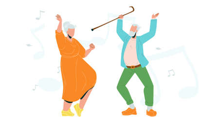 Elderly Couple Dancing Lifestyle Retirement Vector. Happy Senior Couple Grandfather And Grandmother Dance Together. Old People Relaxation And Active Time Characters Flat Cartoon Illustrationのイラスト素材