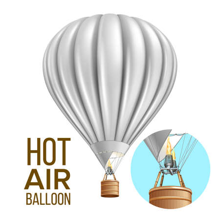 Hot Air Balloon Airship Traveling Transport Vector. Blank Air Balloon With Basket And Burning Heating Gas Equipment. Flying Transportation Colorful Template Realistic 3d Illustrationのイラスト素材