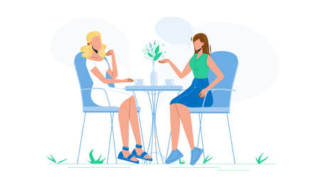 Girl Friends Talk And Drink Coffee In Cafe Vector. Young Woman Friends Sitting At Restaurant Table Talking And Drinking Hot Drinks. Characters Communication Flat Cartoon Illustrationのイラスト素材