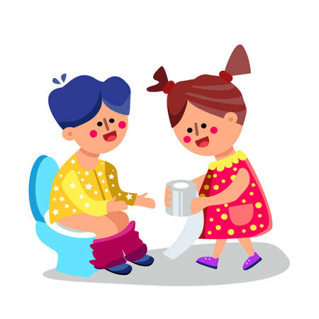 Little Girl Giving Toilet Paper Boy Vector. Character Toddler Kid Brother Sitting On Toilet With Pants Down And Sister Child Give Lavatory Tissue. Kindergarten Colorful Flat Cartoon Illustrationのイラスト素材