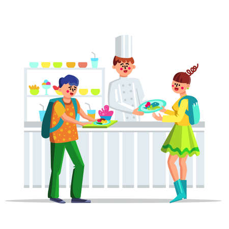 Children Lunch In School Canteen Cafeteria Vector. Happy Smiling Teenagers Students Or Pupils With Dish And Cooker In Canteen Dining Hall. Food Snack Characters Flat Cartoon Illustrationのイラスト素材