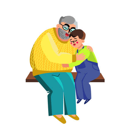 Grandfather Hugging Grandson On Branch Vector. Affectionate Happy Elderly Senior Grandfather Cuddling Grandchild. Grandparent And Boy. Smiling And Enjoying Characters Flat Cartoon Illustrationのイラスト素材