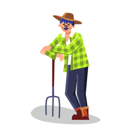 Farmer Standing With Pitchfork Equipment Vector. Farmer Gardener Man Holding Rake Agricultural Instrument. Character Agriculture Worker Farming Profession Flat Cartoon Illustrationのイラスト素材