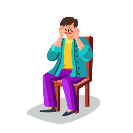 Man With Migraine Head Ache Sitting On Seat Vector. Unhappy Depression Adult Guy With Headache Desperate And Stressed Pain And Migraine Sit On Chair. Character Disease Flat Cartoon Illustrationのイラスト素材