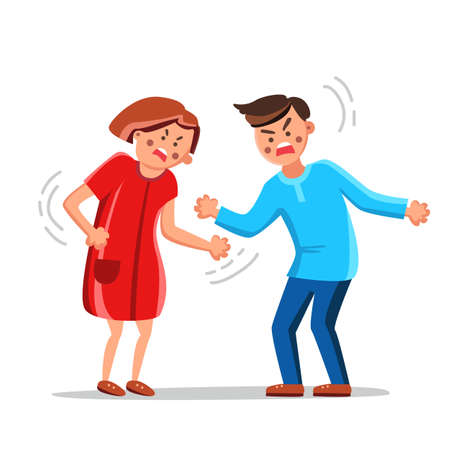 Angry Couple Arguing, Shouting And Blaming Vector. Characters Man And Woman, Husband And Wife Couple Screaming, Unhappy Young Family Fighting. Boy And Girl Relationship Flat Cartoon Illustrationのイラスト素材