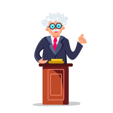 Professor Speaking Performance On Tribune Vector. Character Senior Lecturer Professor Standing At Wooden Podium. Elderly Political Or University Orator Talk Speech Flat Cartoon Illustrationのイラスト素材