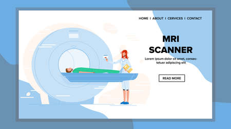 Mri Scanner For Examination Patient Health Vector. Nurse Radiologist Preparing Man For Mri Scan Diagnostic Test. Character In Magnetic Resonance Imaging X-ray Medical Tool Web Cartoon Illustrationのイラスト素材