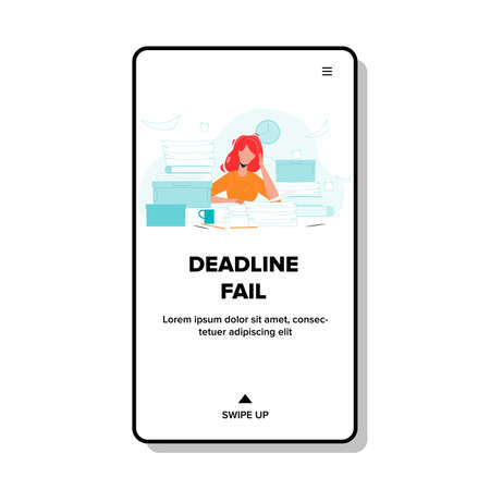 Deadline Fail Stressed Woman Workplace Vector. Deadline Fail Sad Girl Employee Holding Head And Work With Document Heap In Office. Paperwork Job Businesswoman Web Cartoon Illustrationのイラスト素材