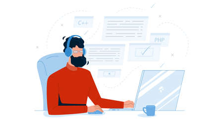 Man Coder Development Programming Computer Vector. Bearded Guy Coder Wearing Headphones Coding...