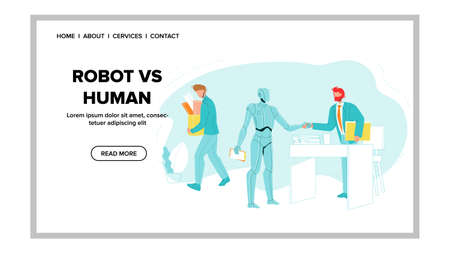 Robot Vs Human Future Replacement Conflict Vector. Dismissed Man Worker Leave Office Holding Box And Robot Handshake Colleague. Robotic Artificial Intelligence Web Flat Cartoon Illustrationのイラスト素材