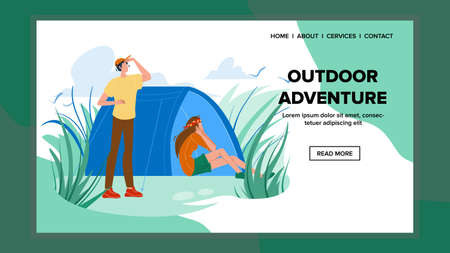 Outdoor Adventure And Expedition Travel Vector. Campsite Tent And Tourists Young Man And Woman Friends Together Have Outdoor Adventure. Characters Nature Exploration Web Flat Cartoon Illustrationのイラスト素材
