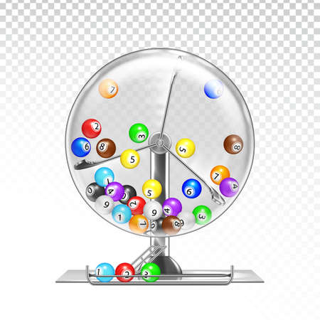 Lottery Machine With Lotto Balls Inside Vector. Lottery Wheel Drum Leisure Game Equipment. Gambling Money Device. Bingo Luck, Fortune And Chance Excitement Lifestyle Template Realistic 3d Illustrationのイラスト素材