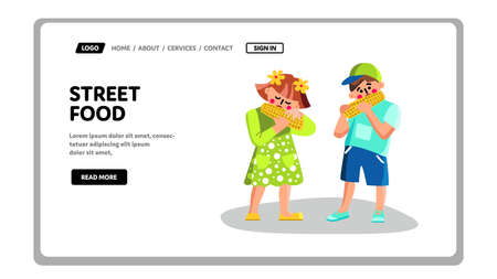 Street Food Sweet Corn Eating Children Vectorのイラスト素材