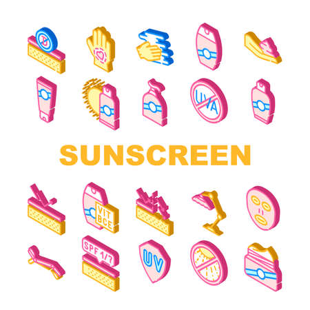 Sunscreen Protection Collection Icons Set isolated illustrationのイラスト素材