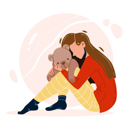 Girl With Trauma Embracing Teddy Bear Toy Vectorのイラスト素材