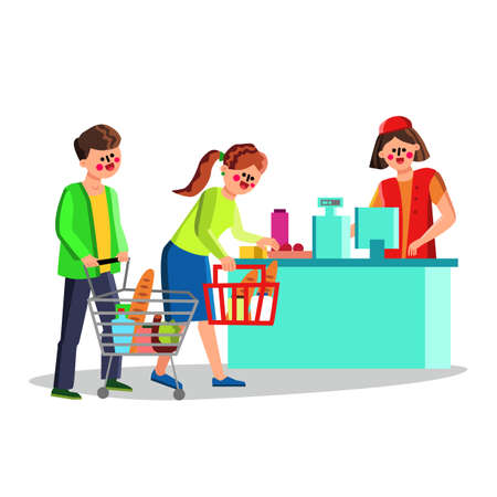 Supermarket Clients People Near Cash Desk Vectorのイラスト素材