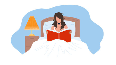 Woman Read Book In Bedroom Before Bedtime Vectorのイラスト素材