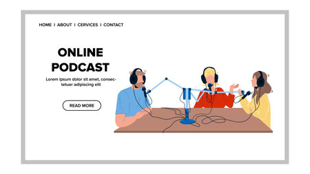 Online Podcast Recording Radio Workers Vector flatのイラスト素材