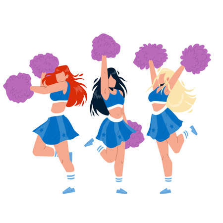 Cheerleaders Girls Dancing With Pompoms Vector. Cheerleaders Young Women Holding Pon-pon, Dance And Cheer Sport Team On Competition Together. Characters Cheering Flat Cartoon Illustrationのイラスト素材