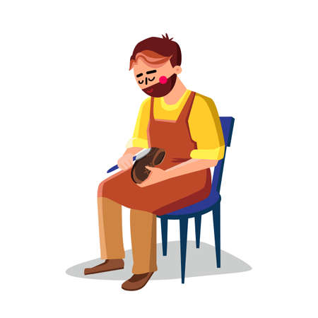 Shoemaker Repairing Shoe With Equipment Vector. Shoemaker Sitting On Chair And Repair Boots With Fixing Tool. Character Craftsman Working, Professional Occupation Flat Cartoon Illustrationのイラスト素材