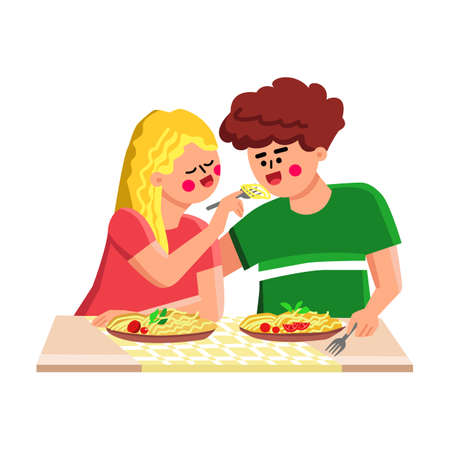 Pasta Meal Eating Boy And Girl Together Vector. Young Man And Woman Eat Delicious Pasta With Vegetables In Italian Restaurant Or Home. Characters Spaghetti Gourmet Recipe Flat Cartoon Illustrationのイラスト素材