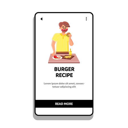 Burger Recipe Preparing Man On Kitchen Vector. Delicious Burger Recipe With Cheese, Paprika, Meat Steak And Sauce Ingredients Prepare Young Man. Character Eat Hamburger Web Flat Cartoon Illustrationのイラスト素材
