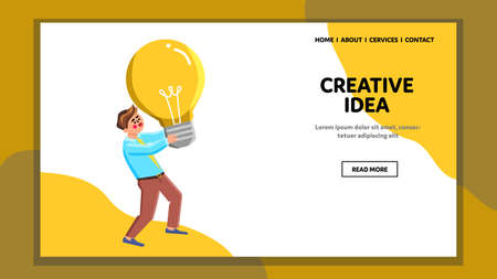 Creative Idea Searching And Finding Man Vector. Businessman Carry Light Bulb And Looking Creative Idea For Design Project. Character With Electrical Accessory Web Flat Cartoon Illustrationのイラスト素材
