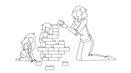 Woman Babysitting And Playing With Children Black Line Pencil Drawing Vector. Young Girl Babysitting And Play With Kids. Characters Babysitter And Babies Building Tower With Blocks Toys Illustrationのイラスト素材