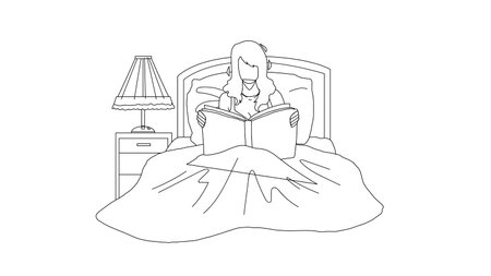 Woman Read Book In Bedroom Before Bedtime Black Line Pencil Drawing Vector. Girl Lying In Bed And Reading Book Or Magazine Article At Night Home. Character Lady Leisure And Resting Time Illustrationのイラスト素材