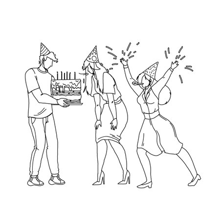 Happy Birthday Party Celebrating People Black Line Pencil Drawing Vector. Birthday Girl Blowing Candles On Celebration Cake. Characters Guests Man And Woman Congratulating With Anniversary Illustrationのイラスト素材
