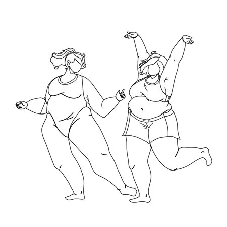 Body Positive Young Woman Couple Dancing Black Line Pencil Drawing Vector. Girls With Confidence And Body Positivity In Underwear Lingerie Dance Together. Characters Lady Funny Happy Time Illustrationのイラスト素材