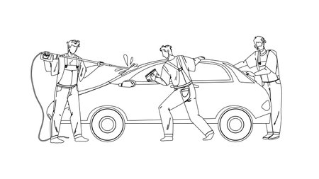Car Wash Service Workers Washing Automobile Black Line Pencil Drawing Vector. Car Wash Station Man With Equipment Water Spraying, Cleaning And Wiping Windows With Rag. Characters Business Illustrationのイラスト素材