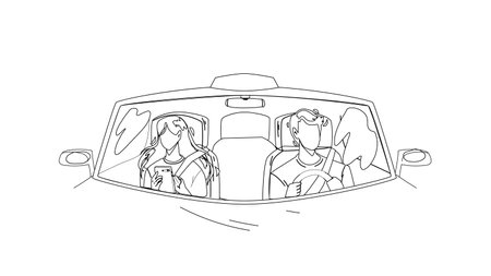 Driver Man Driving Car And Carrying Girl Black Line Pencil Drawing Vector. Driver Drive Transport With Passenger Young Woman. Characters Guy And Lady In Transport, Taxi Carry Client Illustrationのイラスト素材
